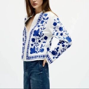 Zara embroidered linen blend jacket/ overshirt NWOT